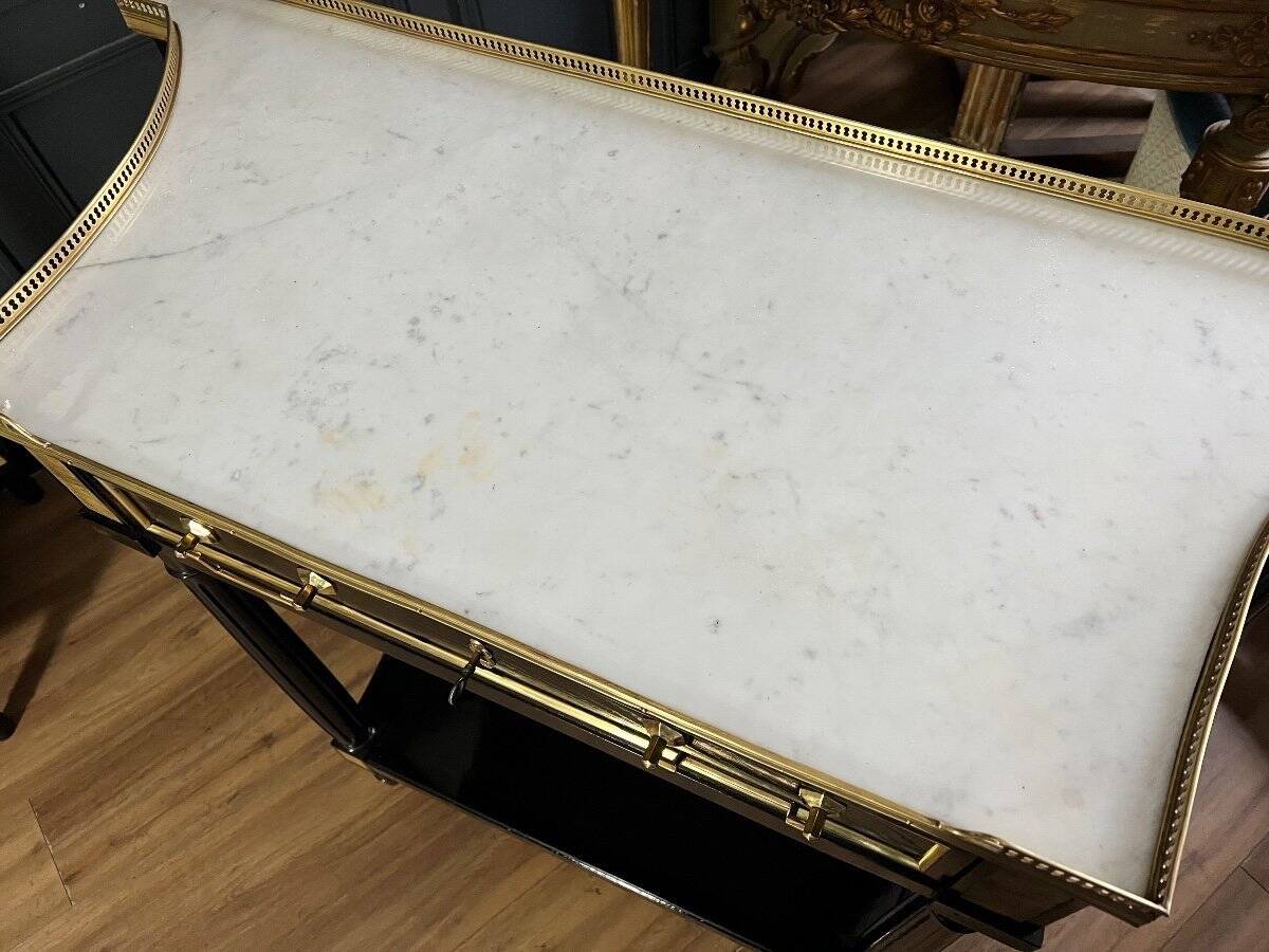 Pair of Louis XVI Style Black Lacquered Wood Console Tables