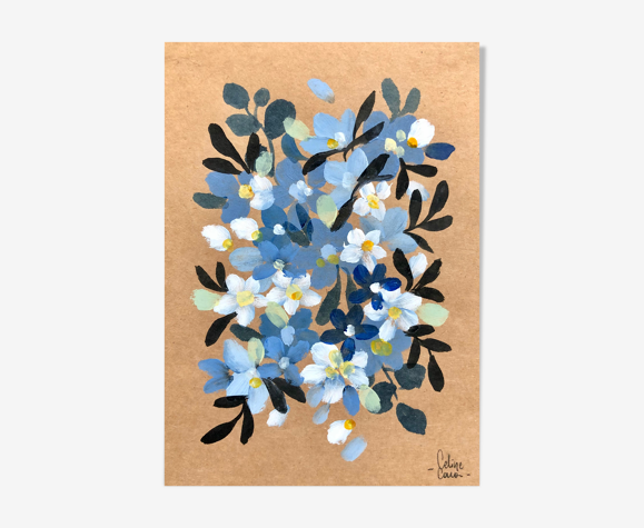 Peinture florale sur papier A5 Fleurs bleues par Céline Caux