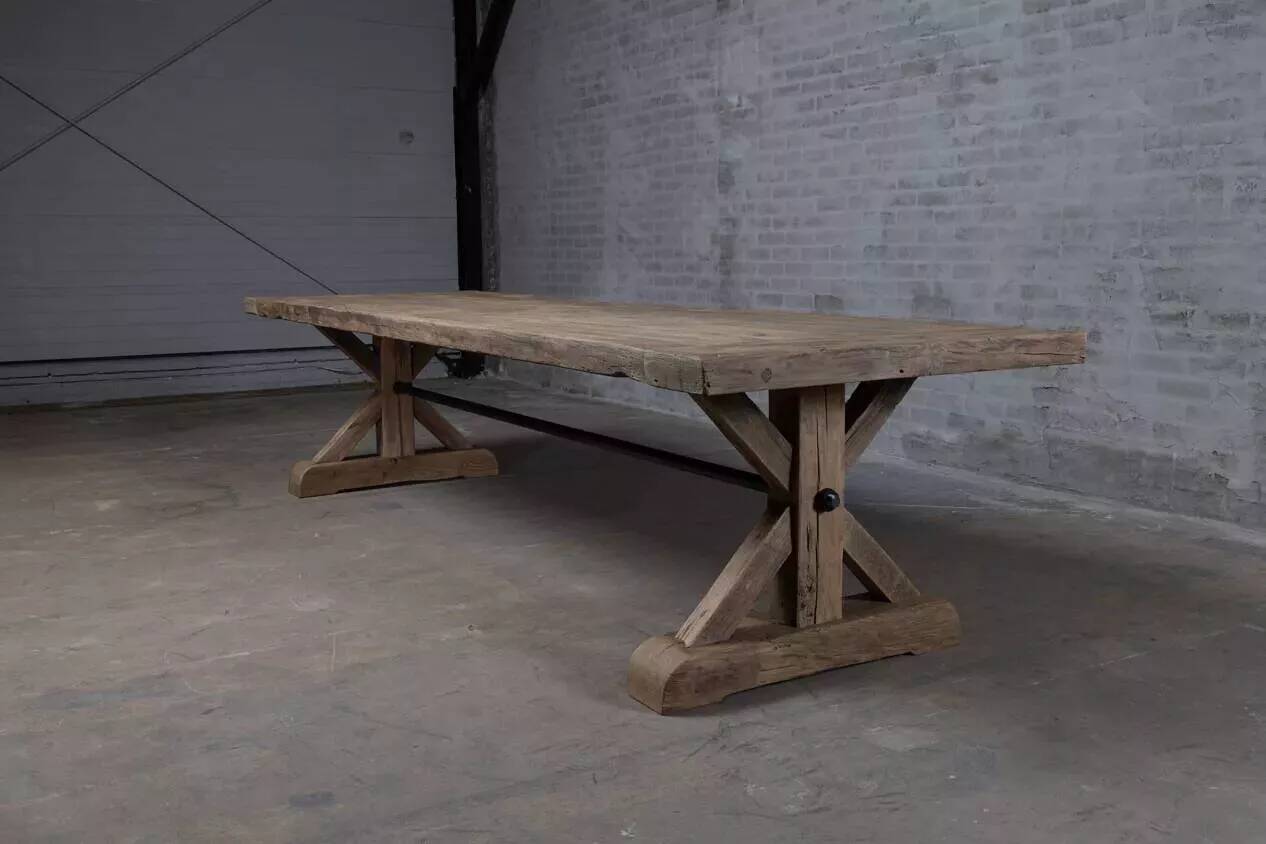 Farmhouse table in old solid oak, star-shaped legs 300 cm