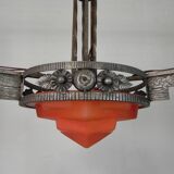 Lampe suspendue Art Déco avec bol en verre et 3 calices, années 1930