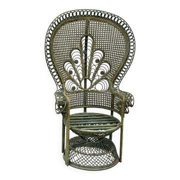 Vintage 1970s green patinated peacock rattan armchair