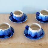 Service of 4 blue ceramic cups and saucers from the 1950s