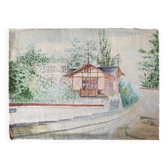 Watercolor painting on watermarked paper representing a view of clamart in 1895 "entrance rue de l'ouest", moreau property