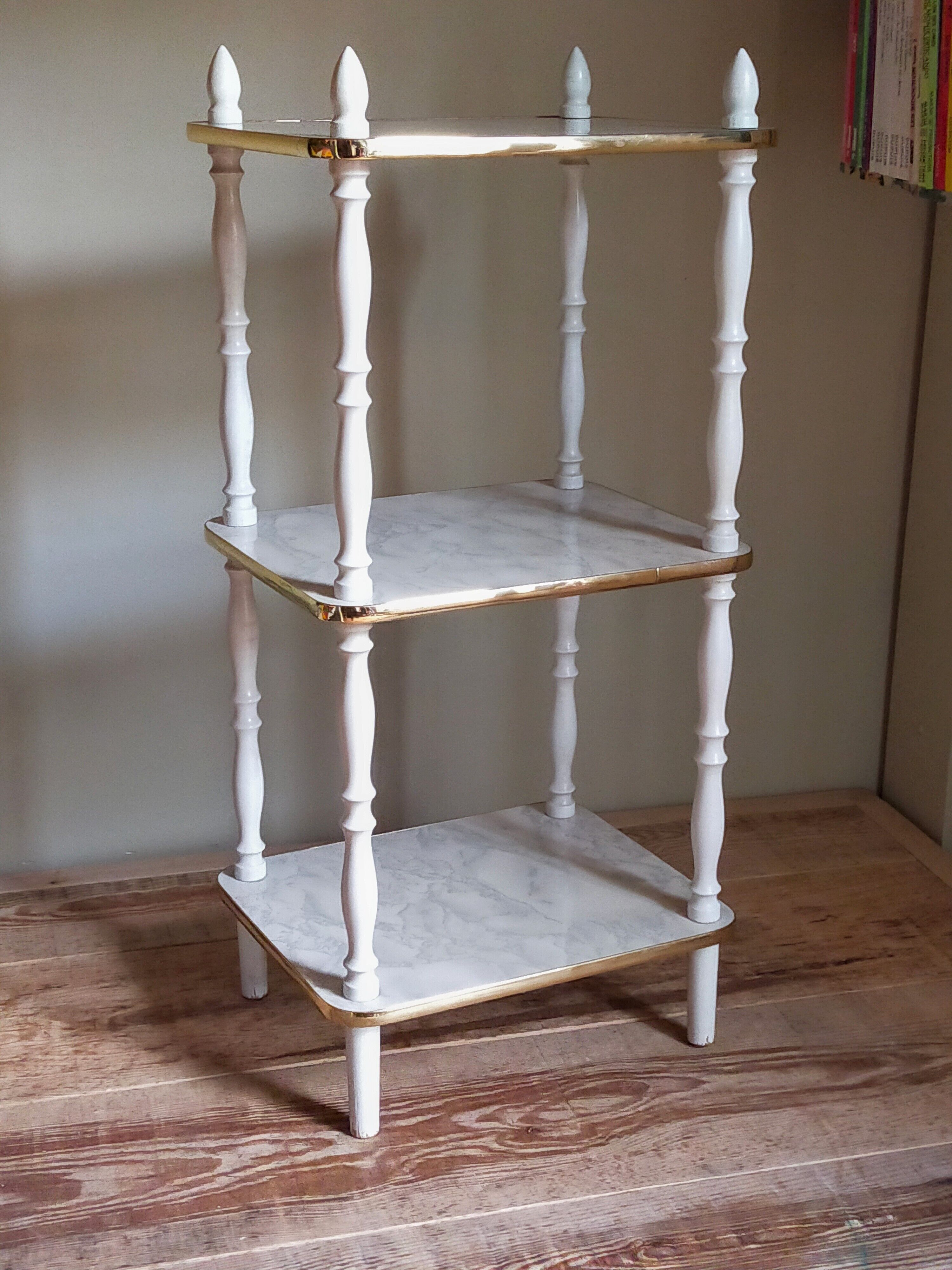 Solid turned wood and formica faux marble shelf to install wood 60s