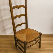 Antique wooden and straw nurse's chair - openwork backrest with bars c