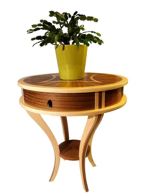 Guéridon - petite table ronde en marqueterie bois