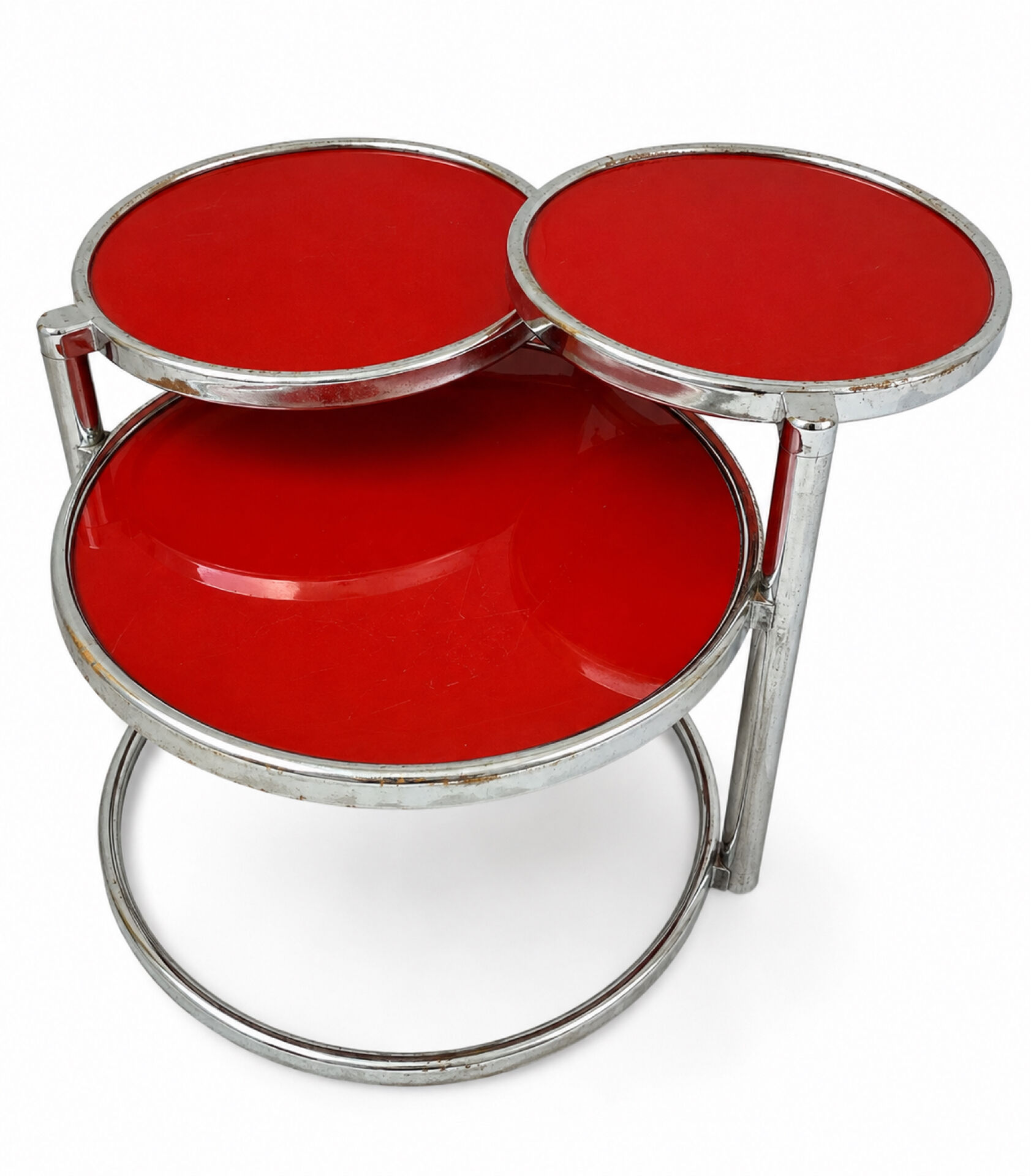 Table basse année 70 à trois niveaux en verre structure acier chromée