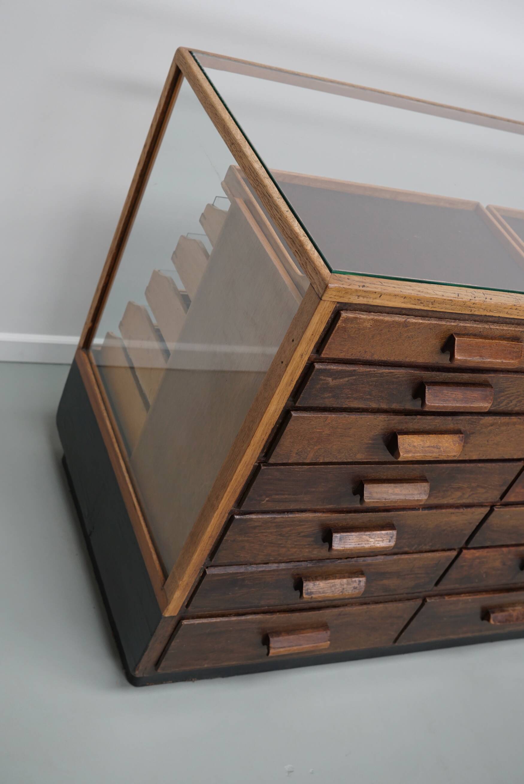 Vintage German Oak Glass Shop Counter Haberdashery Cabinet Vitrine, ca 1950