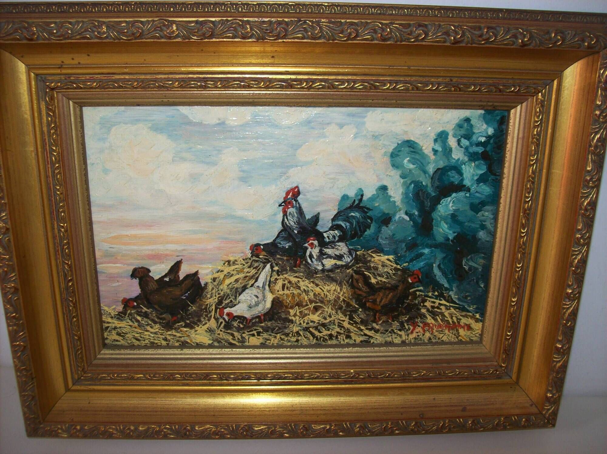 Oil on wood panel rooster and hens signed