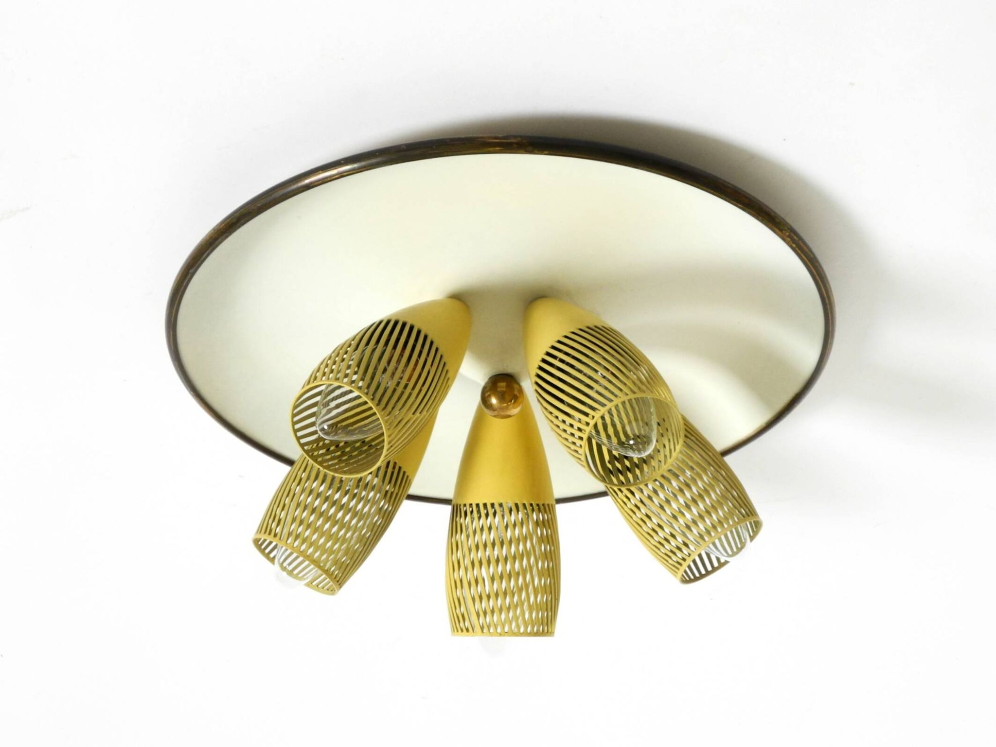 Very rare 5-arm mid-century modern metal bag ceiling lamp with round white
