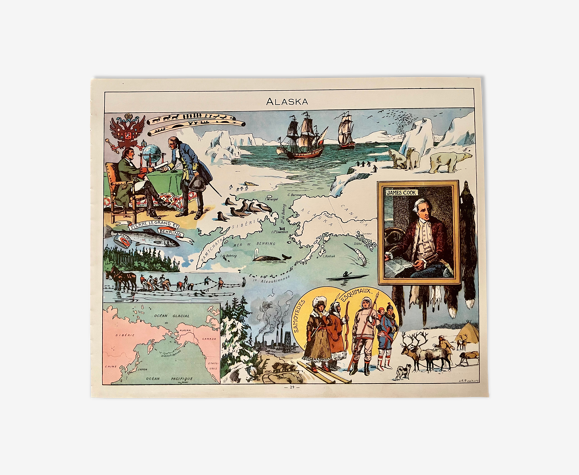 Affiche ancienne carte illustrée de l'Alaska de 1948 - JP Pinchon