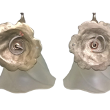 Pair of vintage rococo style sconces in patinated tin and frosted glass - 70's