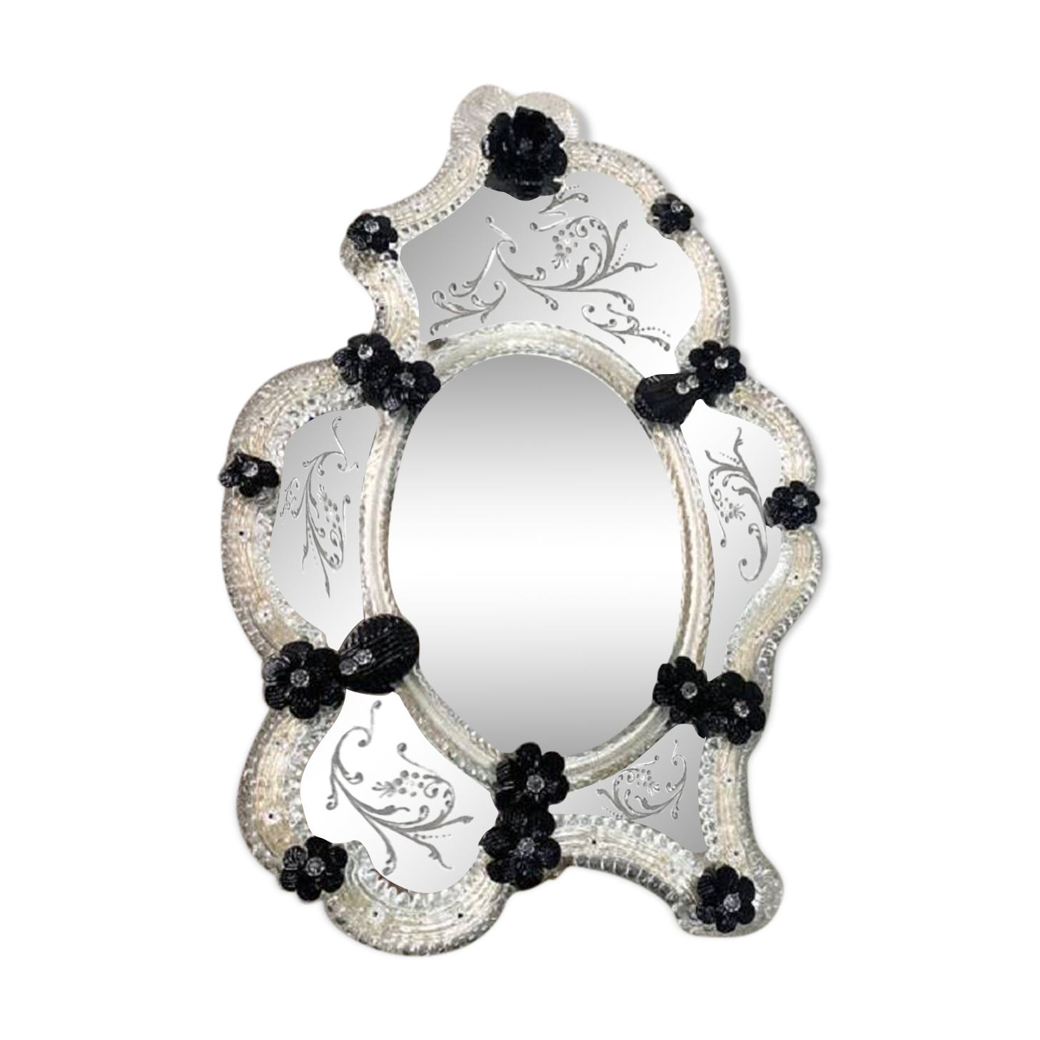 Venetian Black Floreal Hand-Carving Mirror in Murano Glass Style