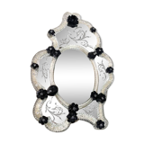 Miroir vénitien noir floréal sculpté à la main dans le style du verre de Murano