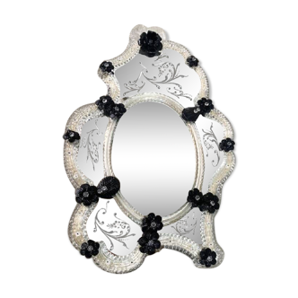 Venetian Black Floreal Hand-Carving Mirror in Murano Glass Style