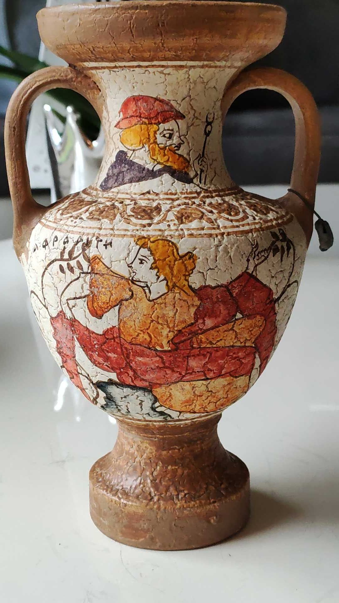 Reproduction Greek Amphora vase in terracotta, cracked effect - Greek Gods/Deities. Signed
