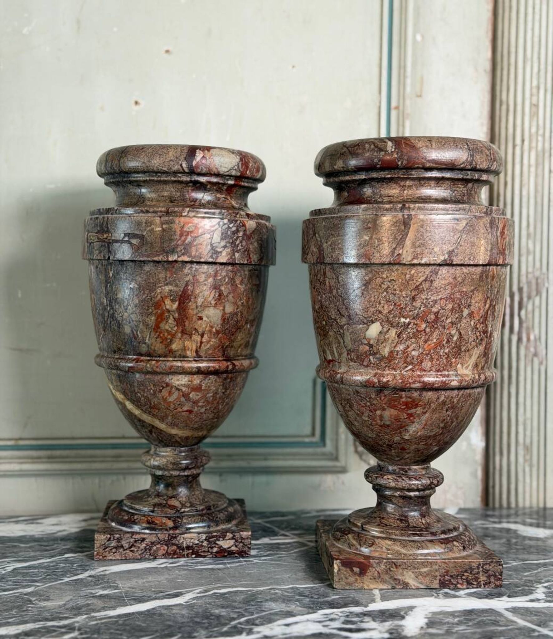 Pair of Sarrancolin marble urns, France 19th century