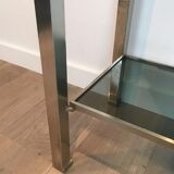 Beautiful console table in brushed metal with bluish glass shelves