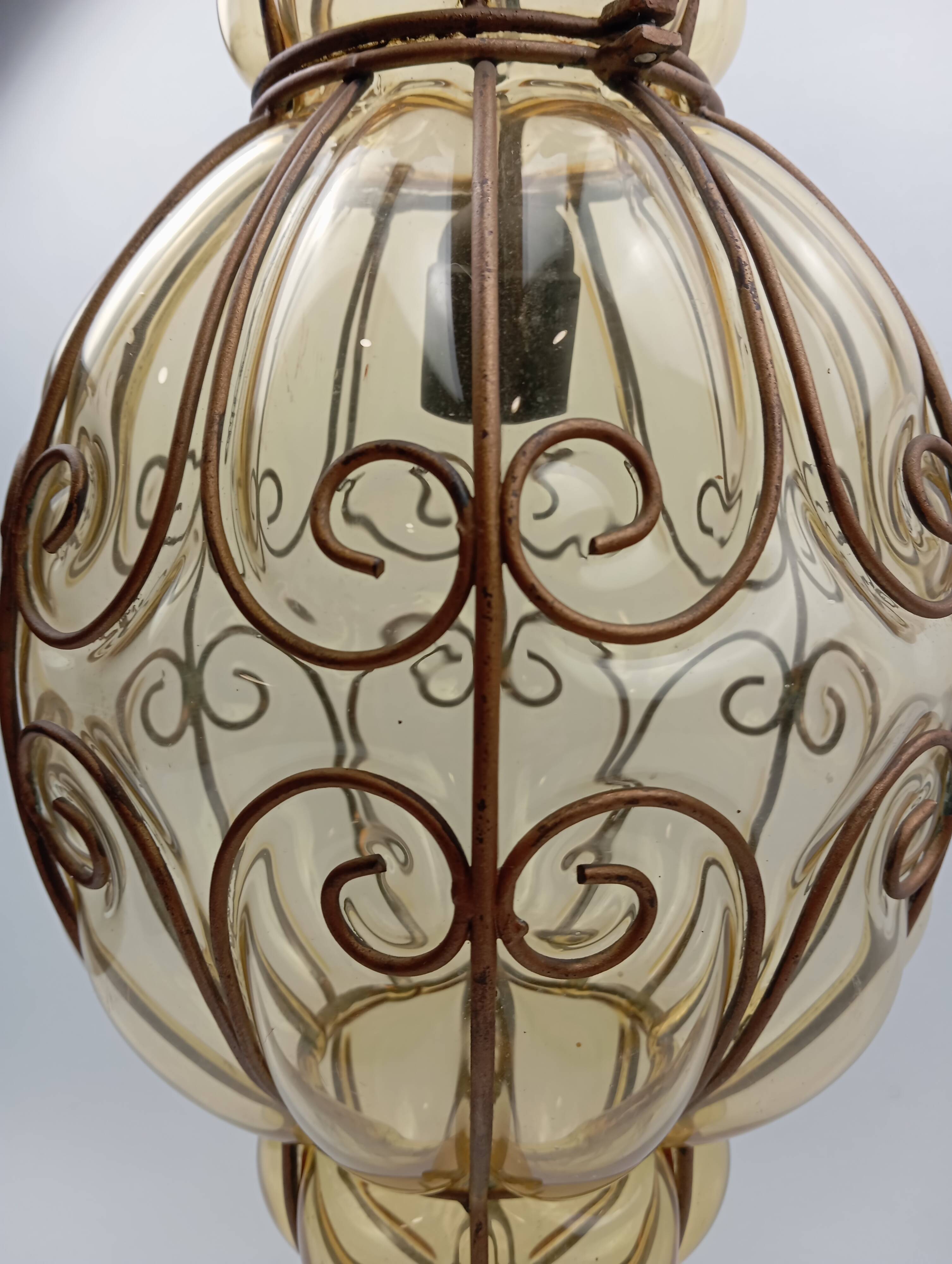 Vintage venetian pendant lamp in caged blown murano glass