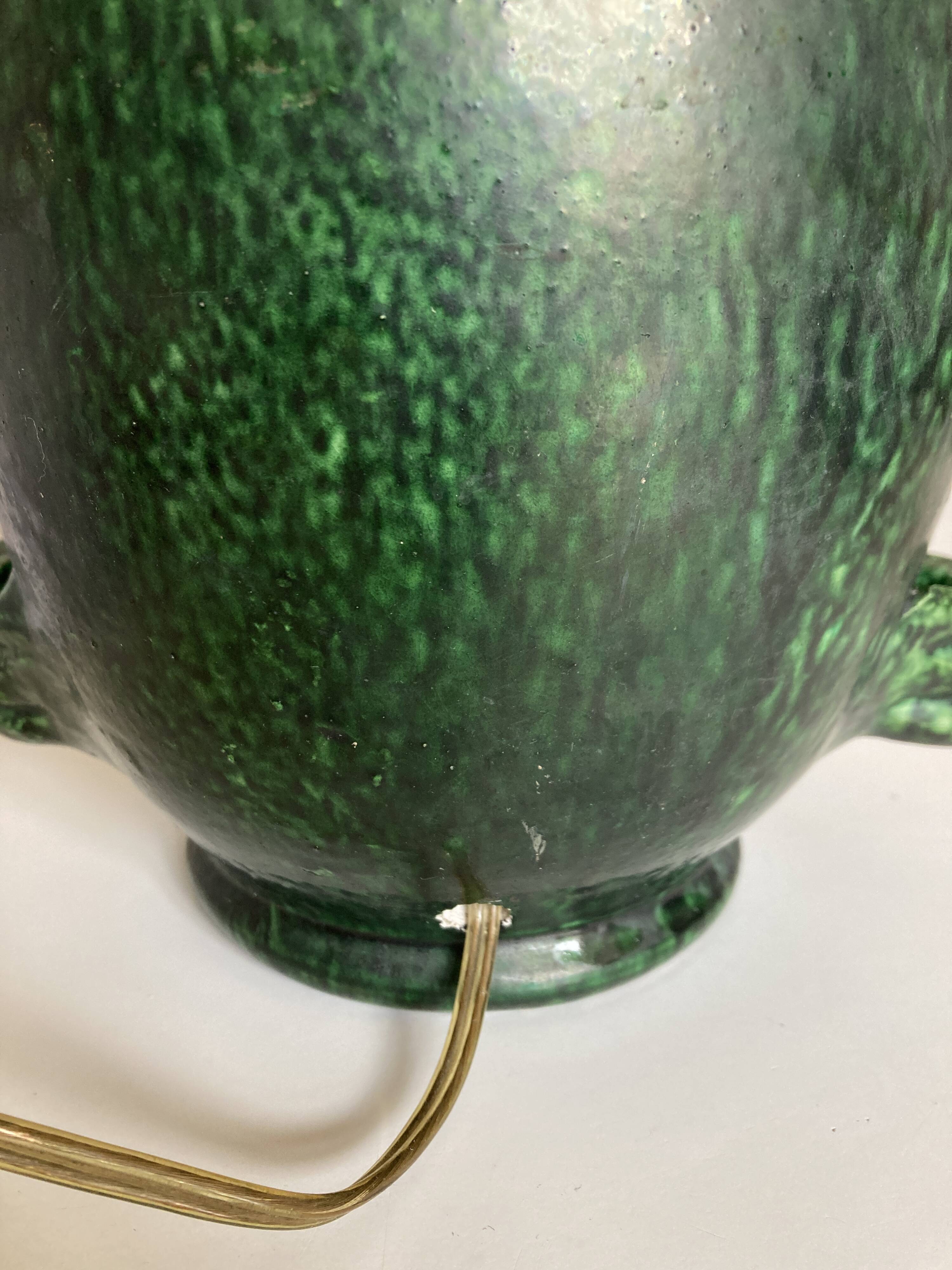 XXL green glazed terracotta lamp by Foucart Jourdan Vallauris 1960