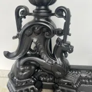 19th-century cast iron fireplace set, bar, andirons & plaque with griffins