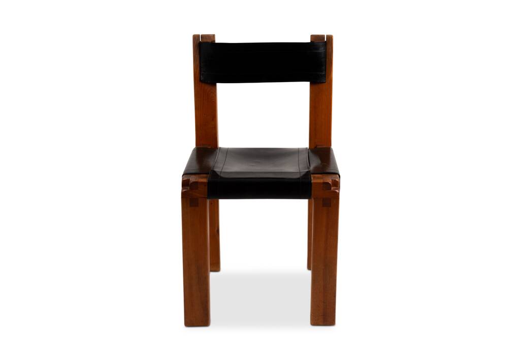 Pierre Chapo. Series of 8 "S11" chairs in elm and leather. 1960s-70s.