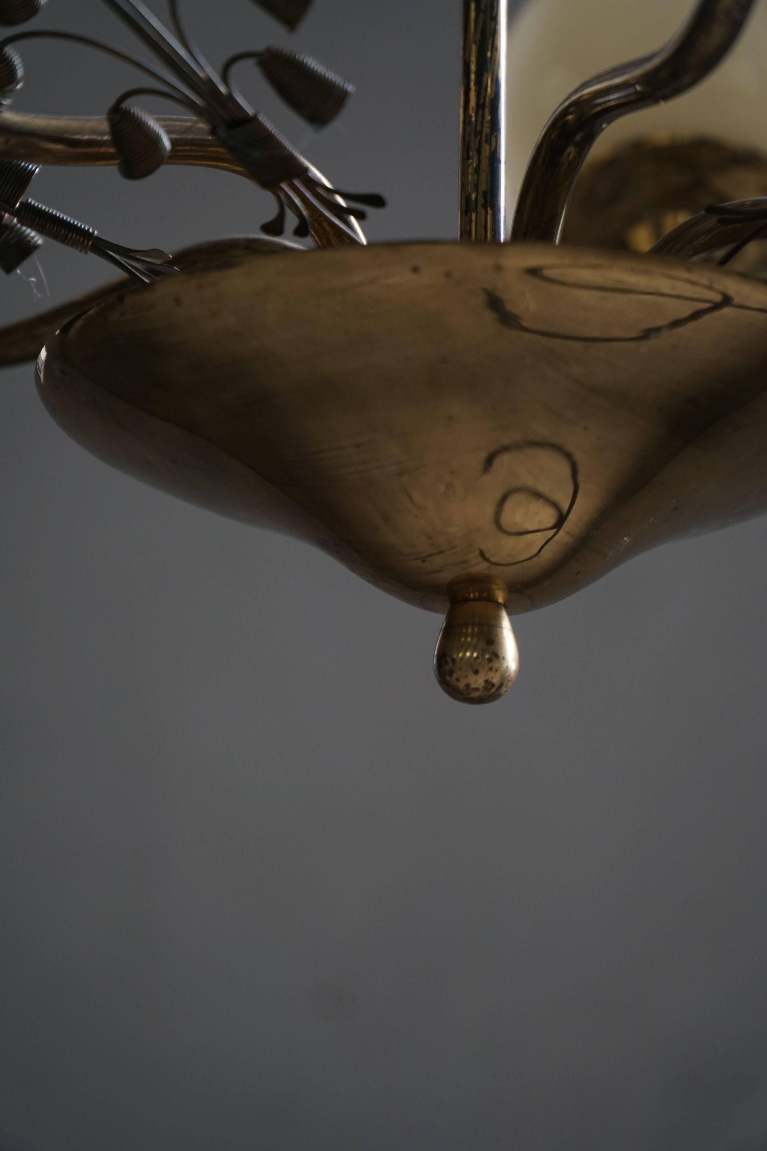 Brass and glass chandelier, Lisa Johansson-Pape for Stockmann, Finland, 1940s.