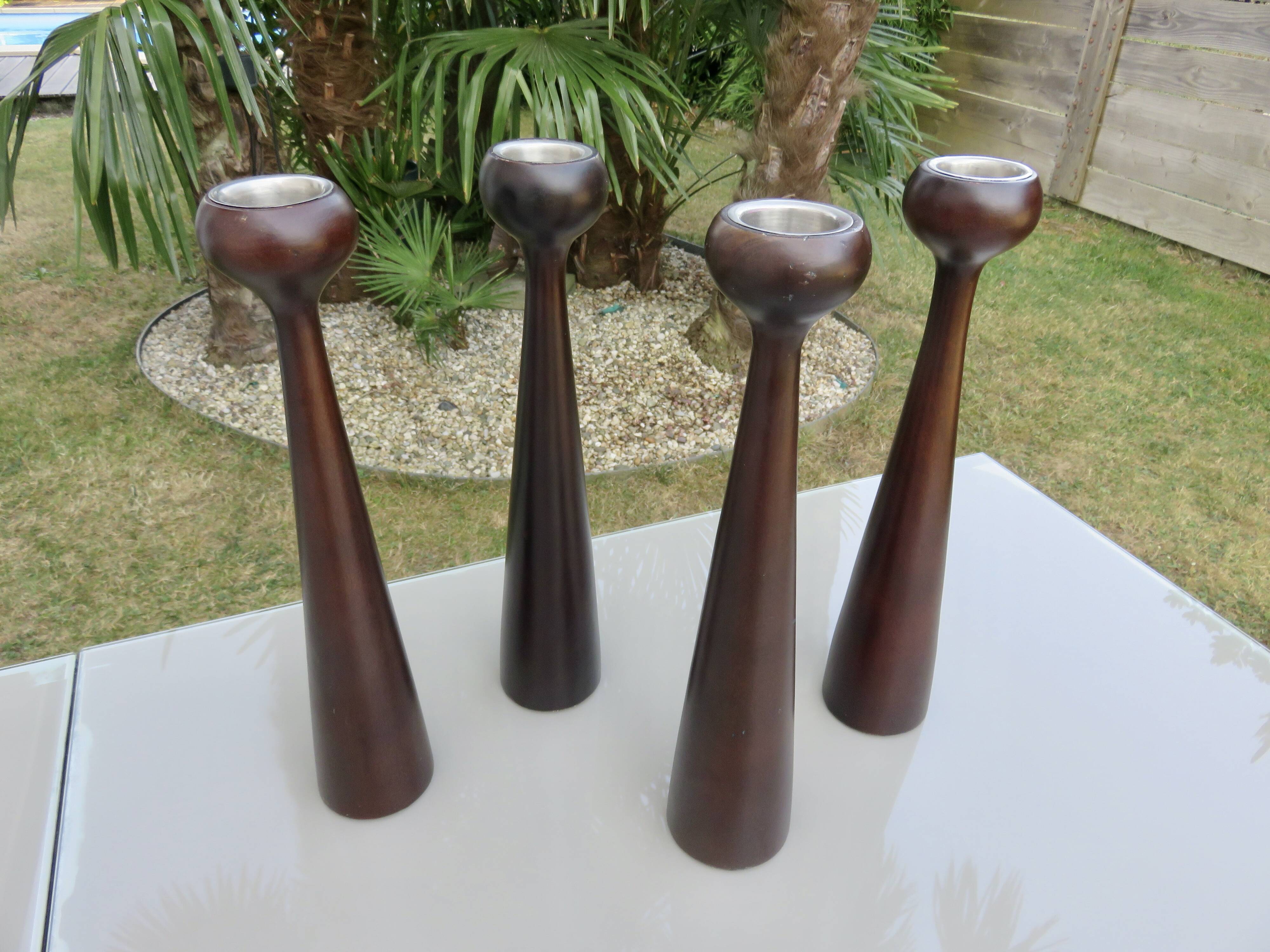 Pair of large Scandinavian teak candlesticks, vintage 1960.