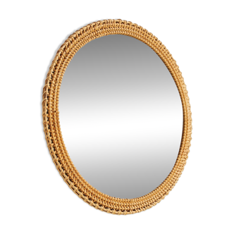 Miroir rond avec cadre en osier, années 1970 (MK10032)