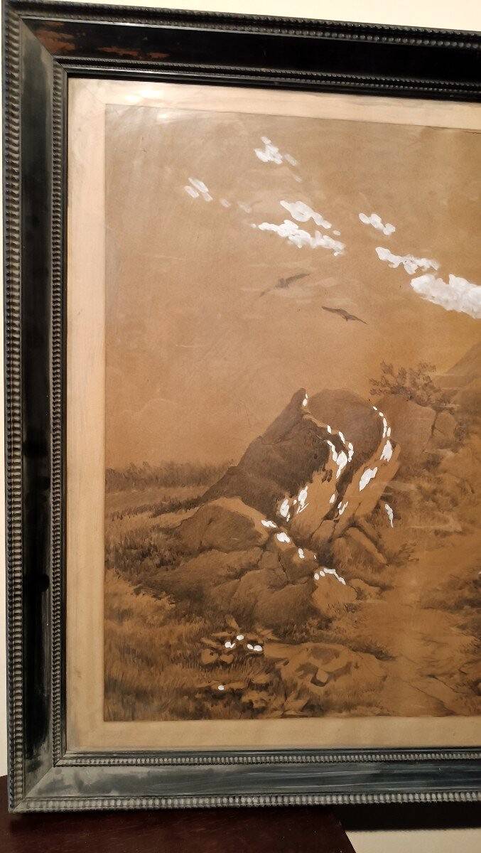 Grande peinture de paysage, techniques mixtes, 19e siècle