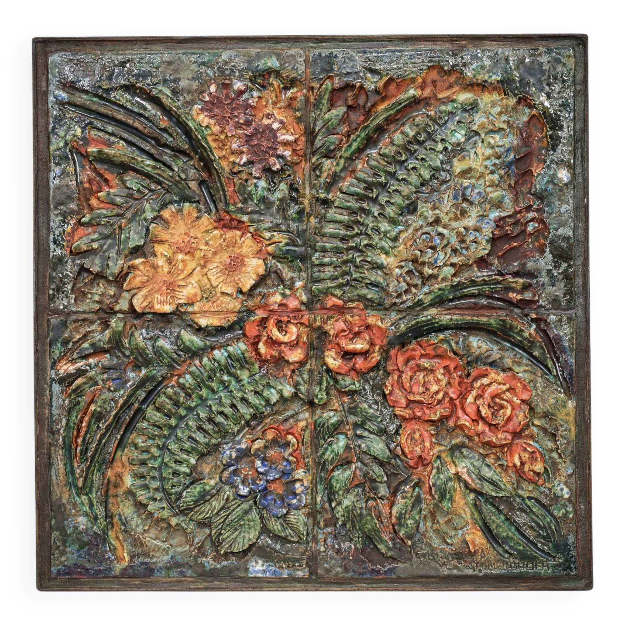 Ceramic floral relief wall sculpture by Neubauer, 1970s