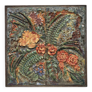 Ceramic floral relief wall sculpture by Neubauer, 1970s
