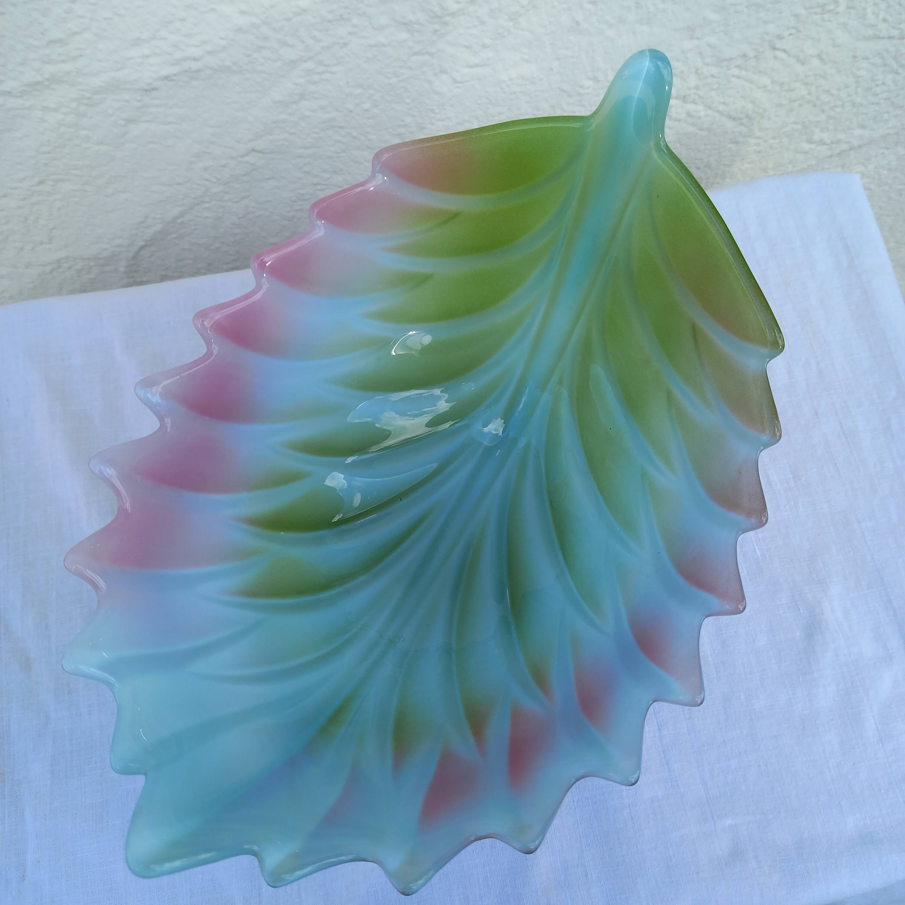 Large colored glass leaf bowl