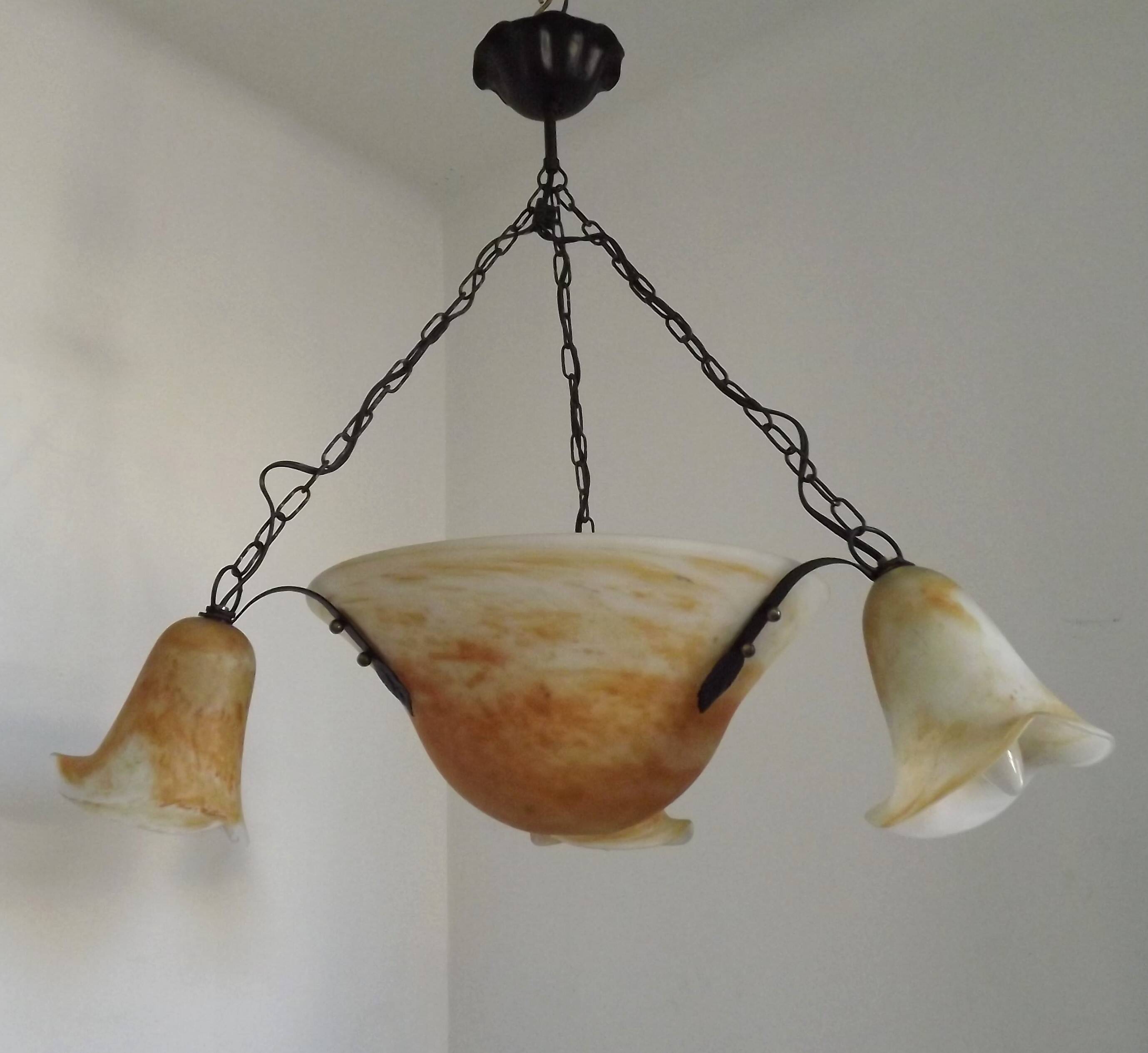 Vintage 4-light chandelier in black metal and glass, France