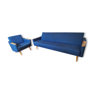 Duo 1 canapé daybed 1 fauteuil club année 50 60 bleu