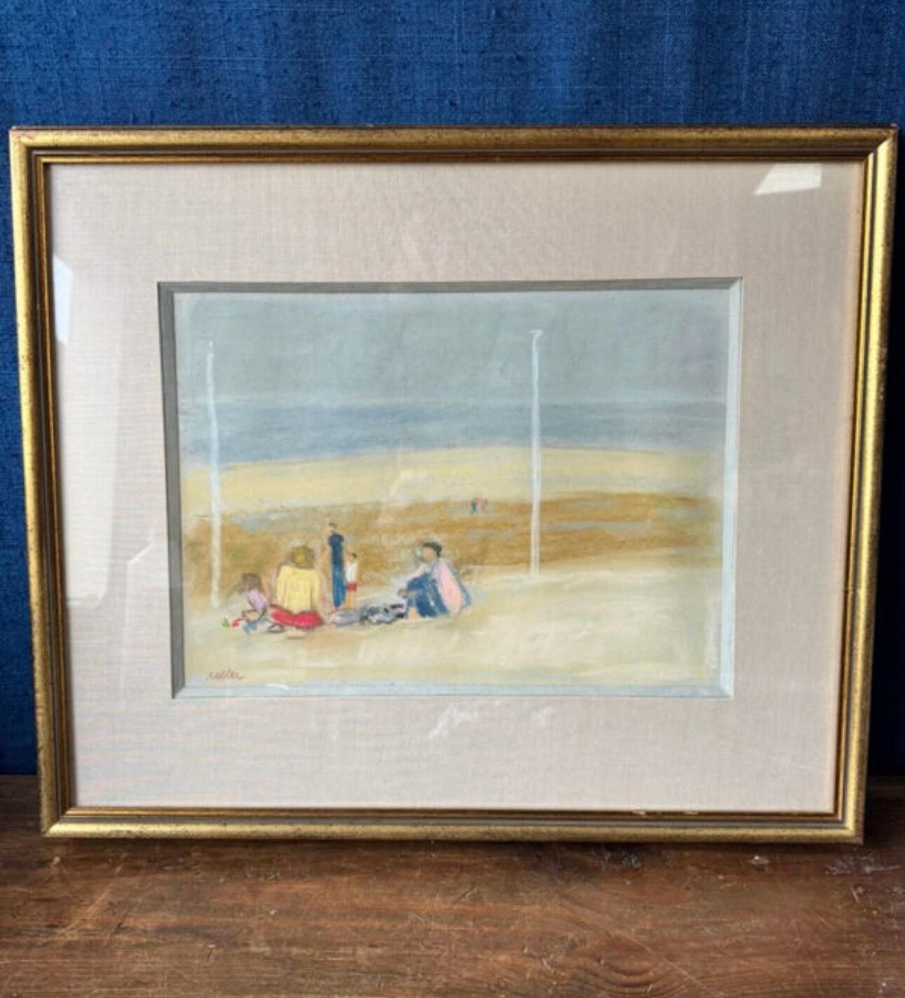 Pastel painting, family beach scene in Normandy signed Henri Reiter.