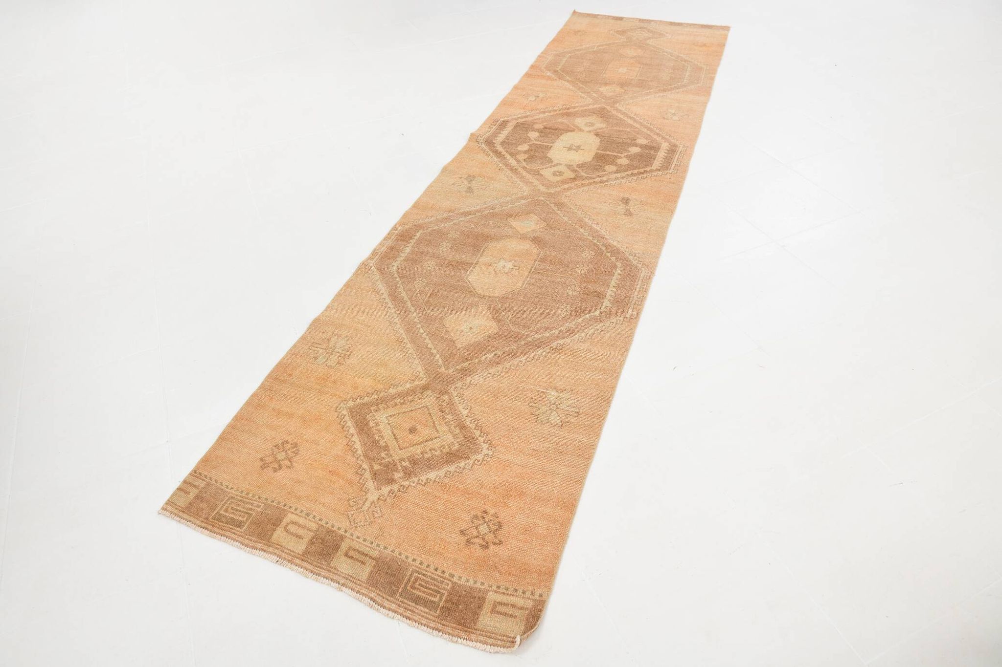 Brown & Cream Turkish Runner Rug, 95x377Cm