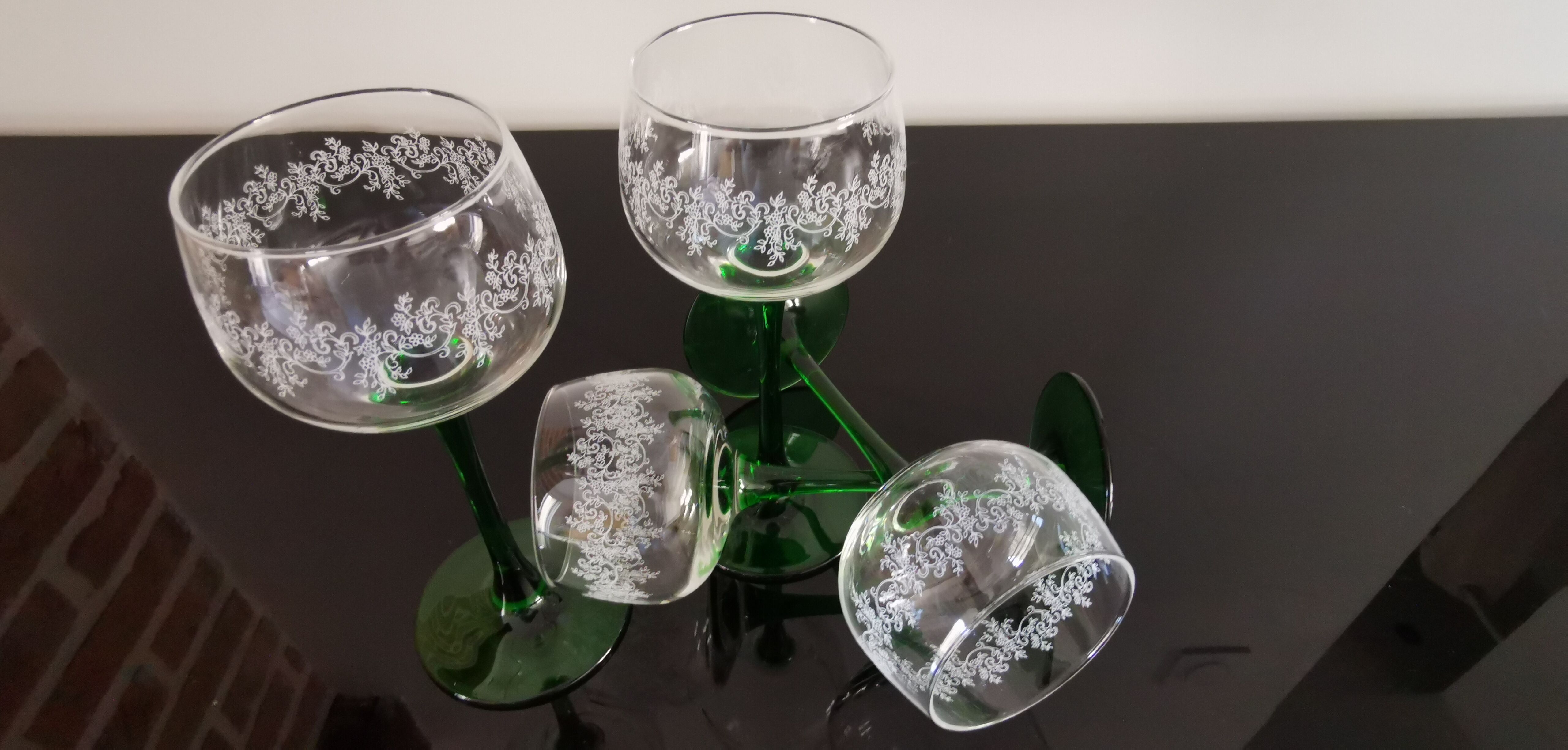 4 Vintage Alsace Wine Glasses with green feet floral decorations