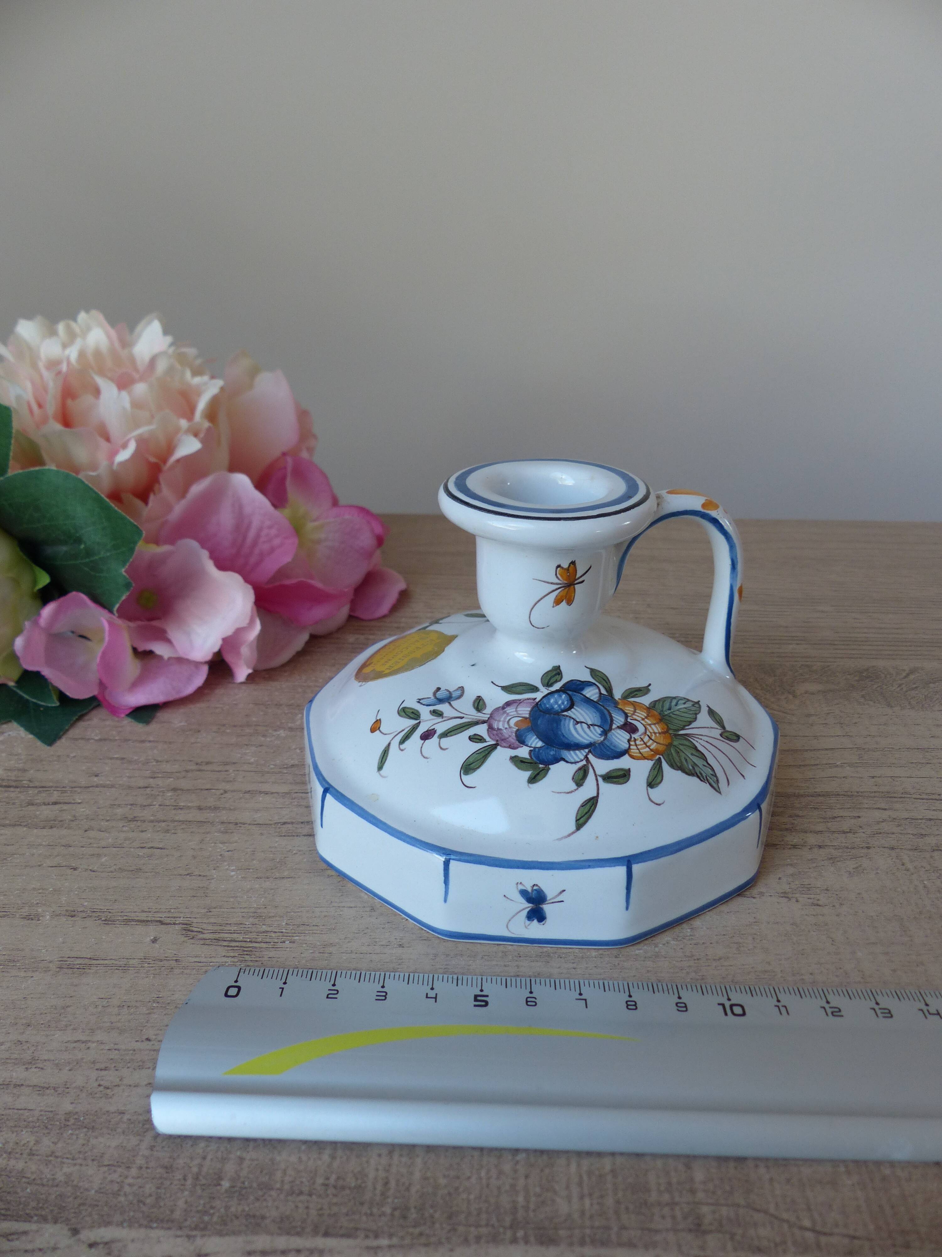 Malicorne earthenware candle holder by Emile Tessier with floral decoration