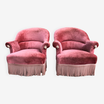 Duo of vintage toad armchairs in salmon velvet