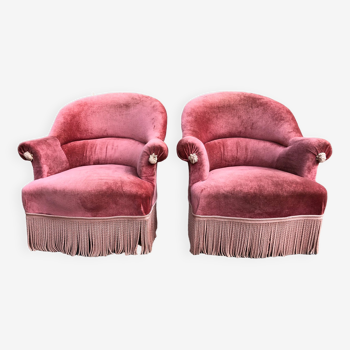 Duo de fauteuils vintage crapaud en velours saumon