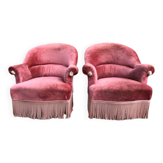 Duo of vintage toad armchairs in salmon velvet