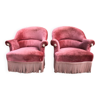 Duo de fauteuils vintage crapaud en velours saumon