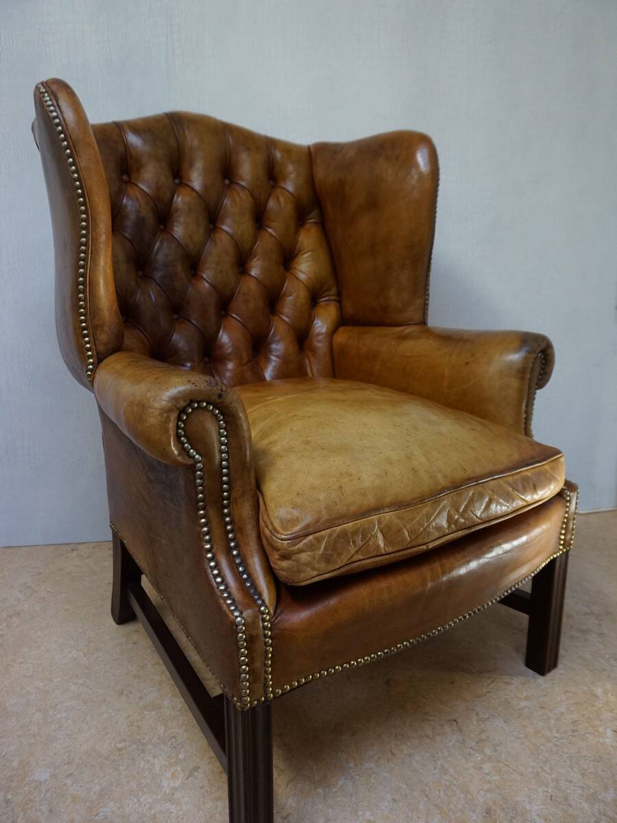 Vintage Cognac Leather Wingback Chesterfield Armchair, England 1940s