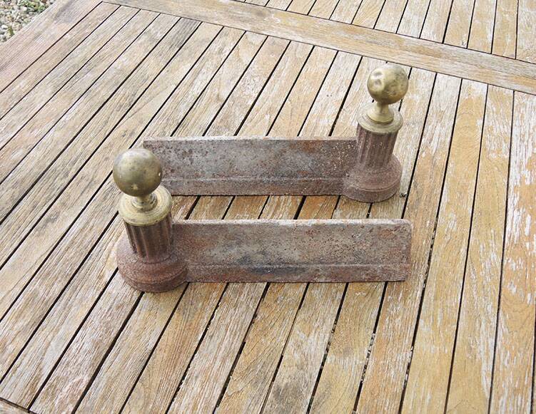 Antique neoclassical cast iron & brass fireplace andirons