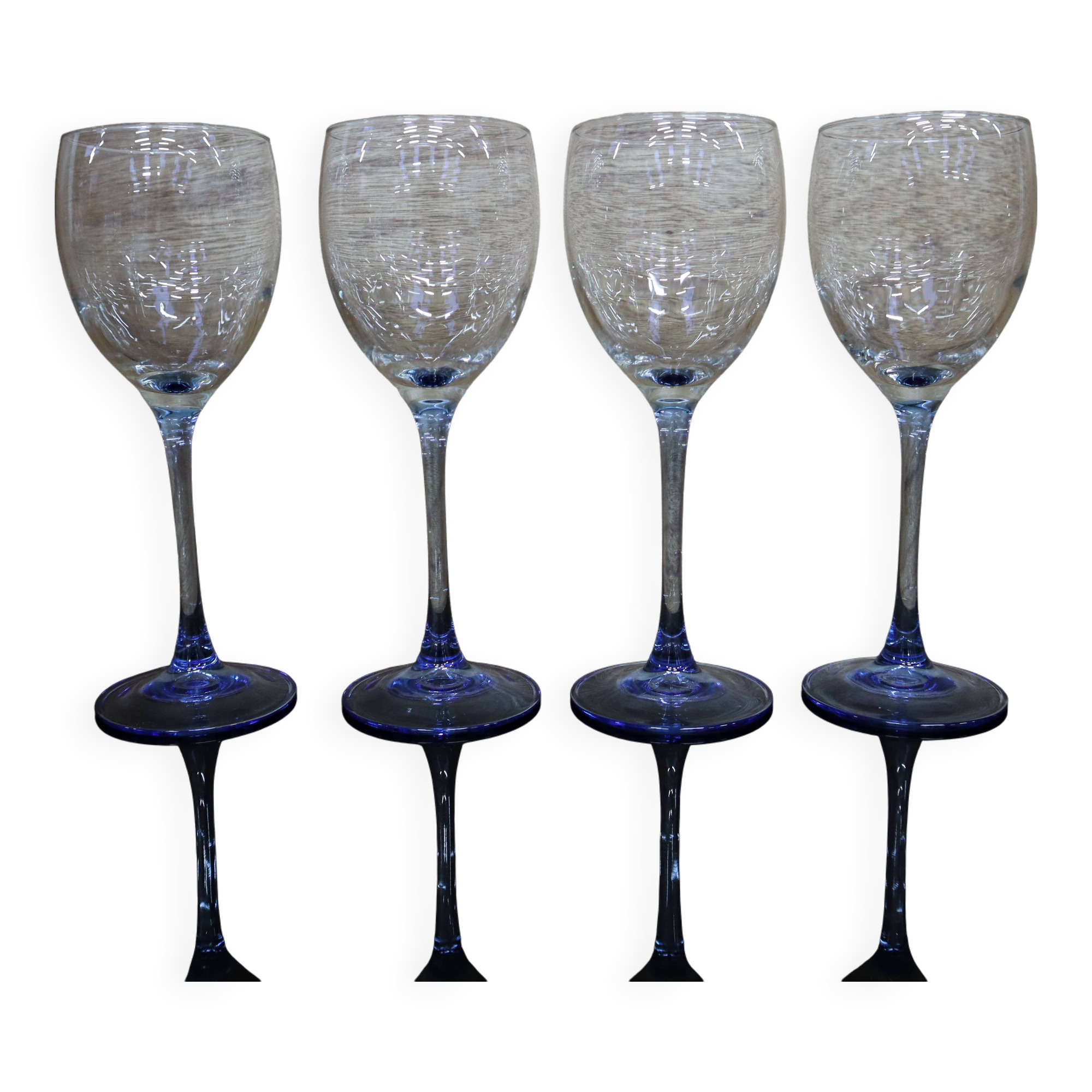 4 Luminarc red wine glasses with blue stem Azur France