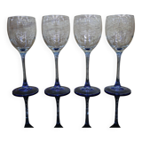 4 Luminarc red wine glasses with blue stem Azur France