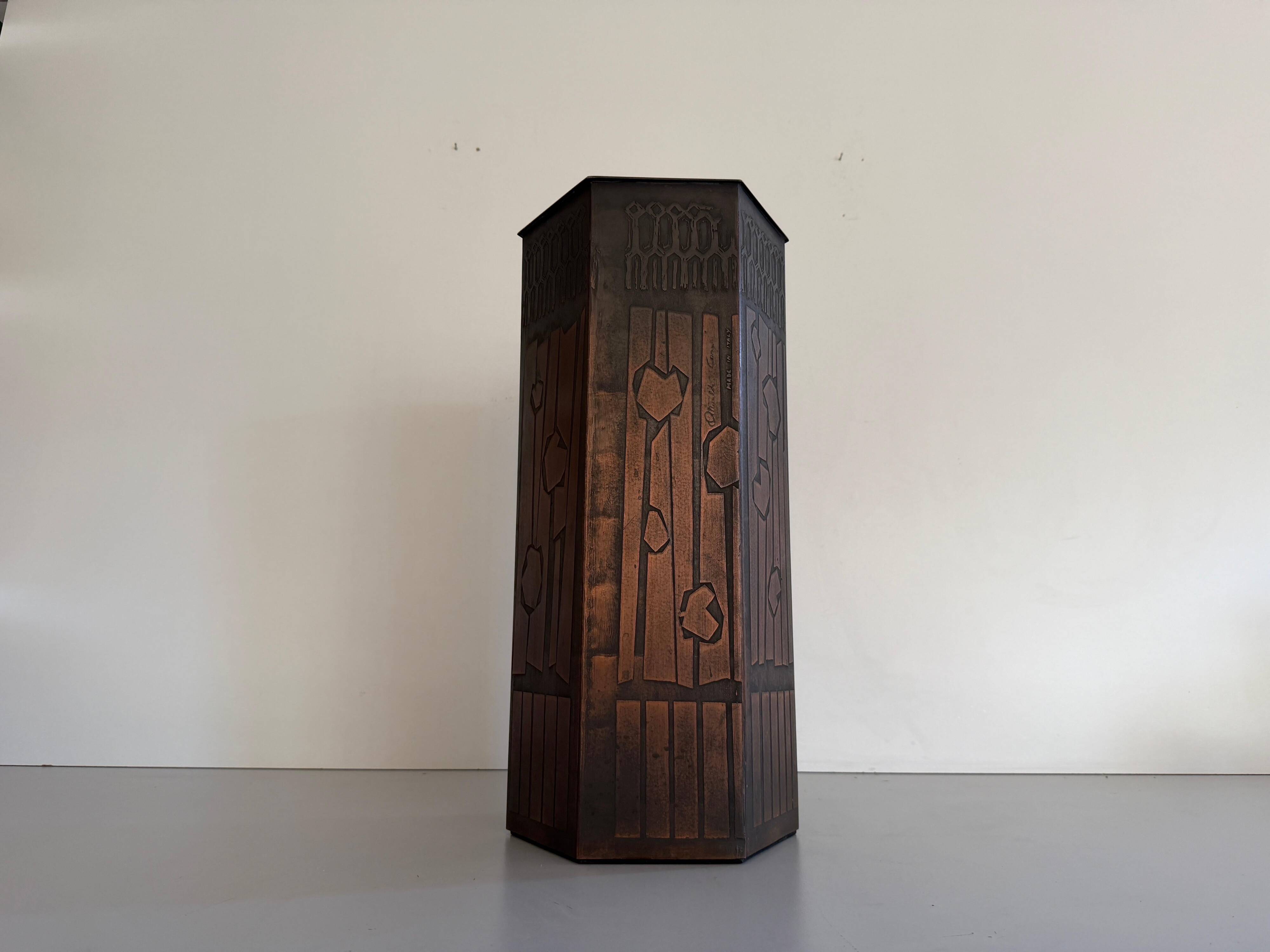Hexagonal copper umbrella stand signed by the artist, 1960s, Italy.