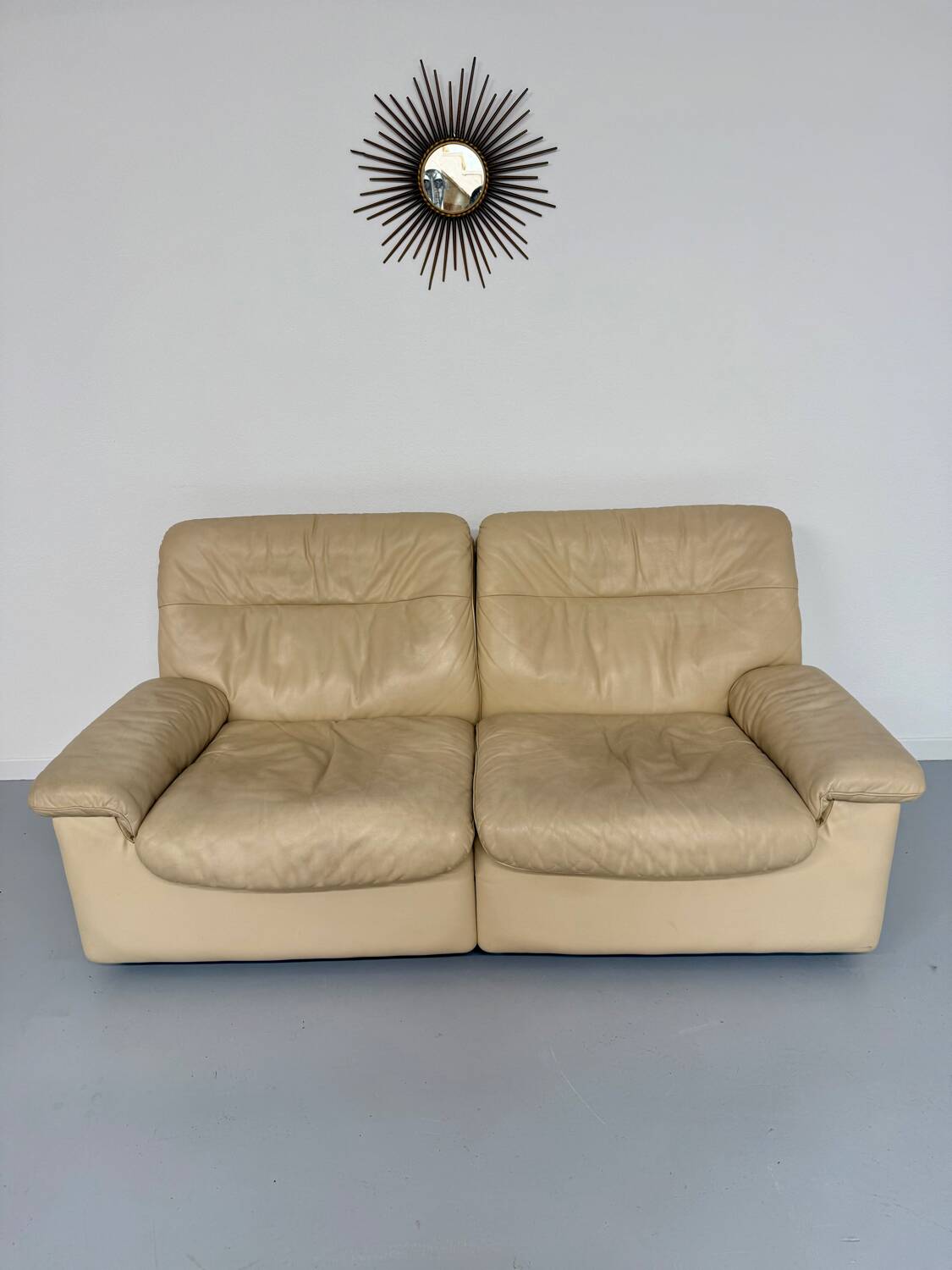 Old 2-seater beige leather sofa designed by Carl Larsson De Sede, vintage 80s