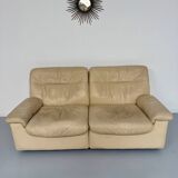 Old 2-seater beige leather sofa designed by Carl Larsson De Sede, vintage 80s